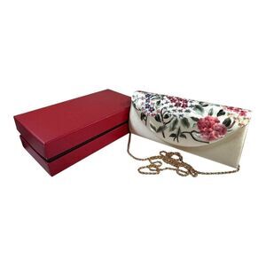 Traska Silk Floral Embroidered Clutch Purse Gold Chain Strap Satin Finish VTG